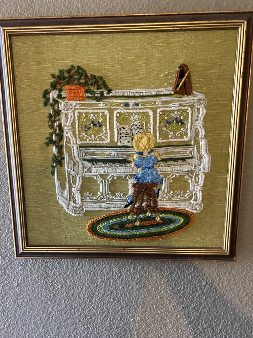 Girl playing piano stitched piece. Framed art. - Picture 1 of 13